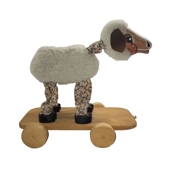 Vintage Wooden Painted Lamb Sheep Pull Toy Wheels Handmade Folk Art 1981 12" - Picture 5 of 16